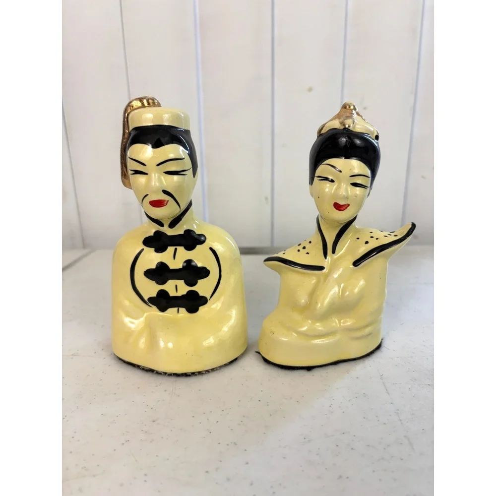 Vintage 1950s Asian Man Woman Ceramic Figurines Pair Yellow Black Gold MCM